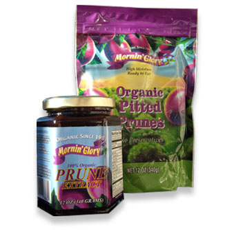Organic Pitted Prunes moist pack bag and Jar of Prune Extract